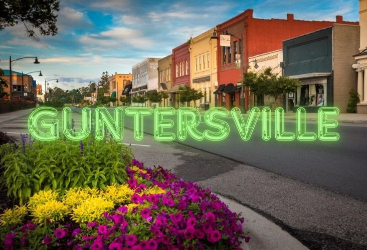 Guntersville, AL quaint downton image with bubble text on it