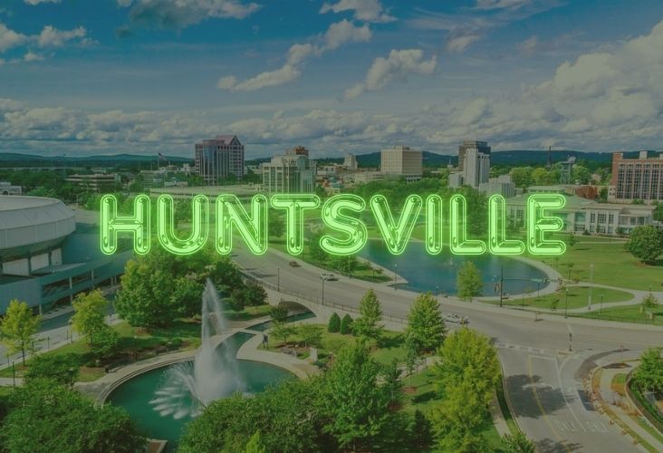 Downtown Huntsville, AL image with bubble text on it