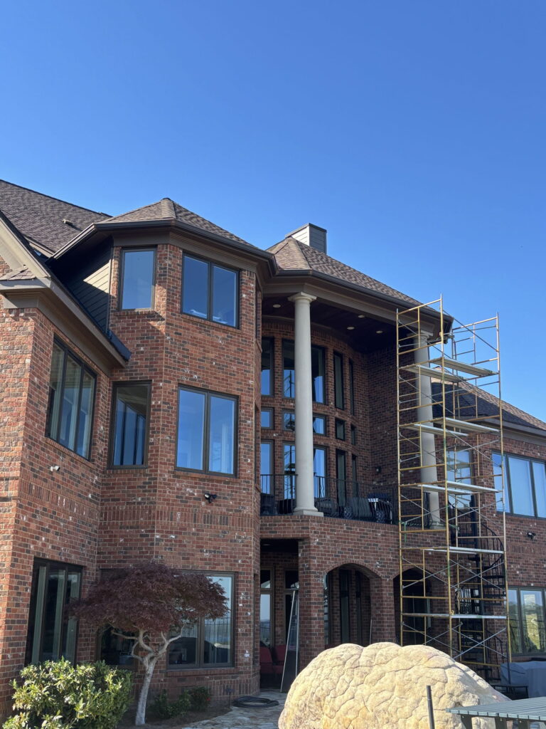 Scaffolding siding replacement job in North Alabama by Longleaf Building Company